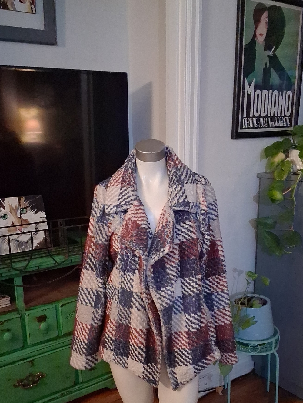 Vince Camuto Multi-Color Plaid Teddy Jacket - Navy, Burgundy, Cream
